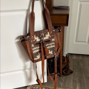 Handmade Brown and Gray Leather and wool Handbag